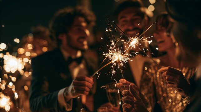 Friends form a star shape with glowing sparklers