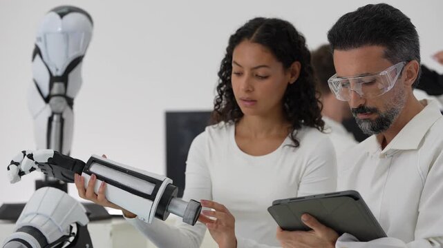 Close up of a young female engineer adjusting robotic fingers on a bionic arm while a senior scientist writes notes on a tablet