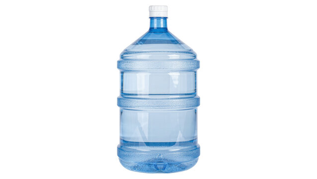 Large clear blue plastic water jug with white cap, isolated on transparent background