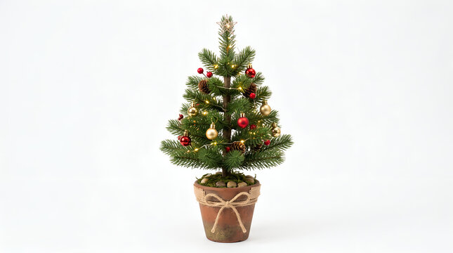 Small artificial Christmas tree in a terracotta pot with ornaments and lights on white background