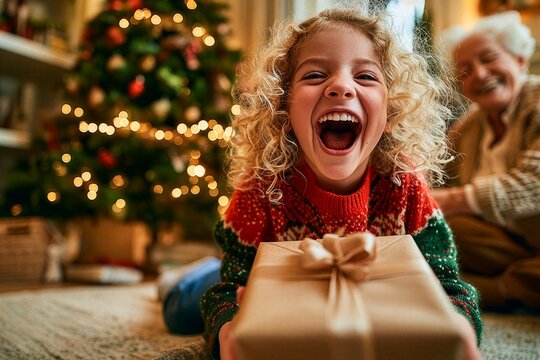 Curly haired girl laughing with a christmas present as grandmother watches from behind