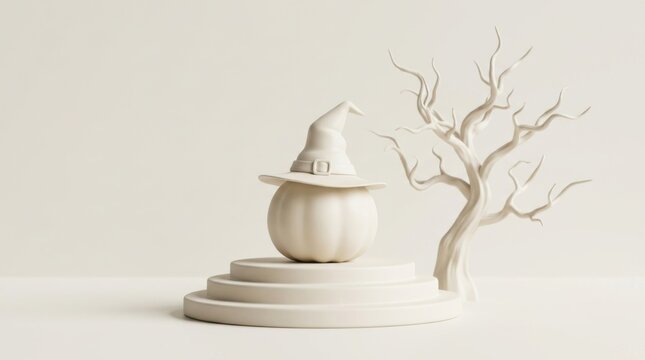 Minimalist halloween pumpkin wearing a witch hat on a tiered pedestal next to a bare tree isolated on white background