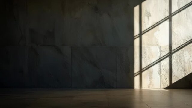 Empty Concrete Room, Sunlight Through Window, Architectural Shadow Across Textured Wall