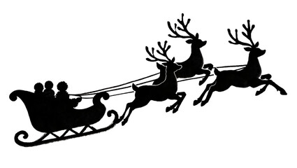 Black silhouette of Santa s sleigh with reindeer and passengers, isolated on transparent background © George