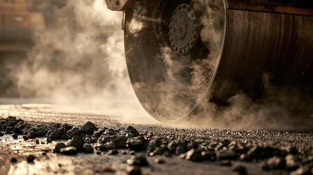 Roller compactor paving fresh asphalt road construction