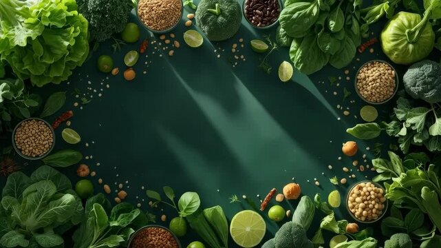 Leafy Vegetable Green Food Healthy Ingredient Overhead Scene with Legume and Lime Border