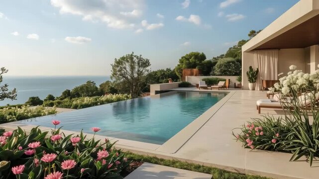 Luxury Modern Coastal Villa Infinity Pool Ocean View Garden Terrace Pink Flowers