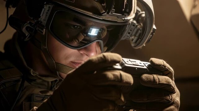 Man soldier using digital device inside tactical combat vehicle. Military specialist reviewing coordinate or map on screen. Modern infantry gear warfare concept.