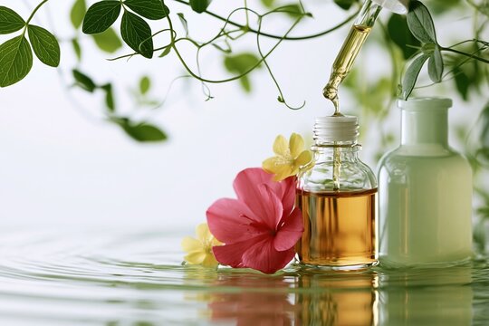 Essential oil drops into glass bottle with flowers