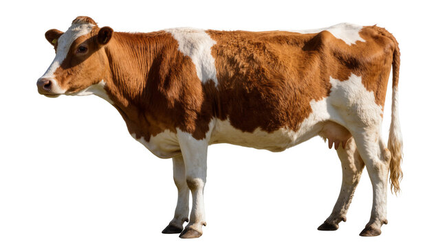 Brown and white dairy cow standing, isolated on transparent background