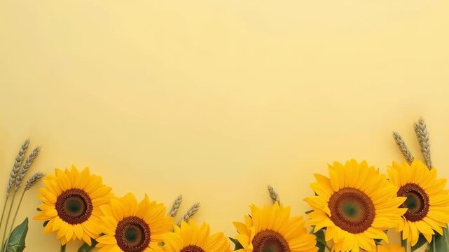 Sunflower Bouquet with Wheat Against Yellow Background, Cheerful Harvest Flower Scene