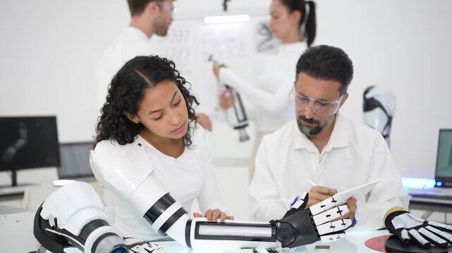 Scientist examines the robotic fingers of an exoskeleton arm worn by a thoughtful young woman, bionic prosthesis testing in a modern lab