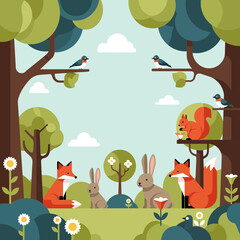 Obraz premium Flat Vector Illustration of Cute Woodland Animals in a Peaceful Green Forest Landscape
