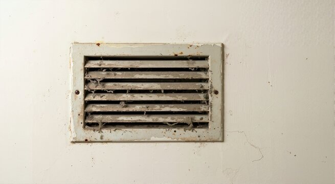 Dirty air vent grill covered in thick dust on a wall. Neglected HVAC ventilation grille needing maintenance and cleaning