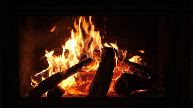 Close up static footage of an active fireplace chiminea with bright orange flames dancing above wooden logs. Warm amber glow illuminates the interior hearth with glowing red embers and charred...
