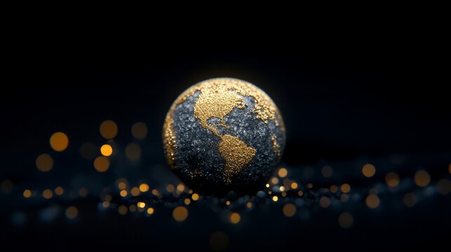 A small dark gray globe with gold continents rests on a bed of dark glittering particles