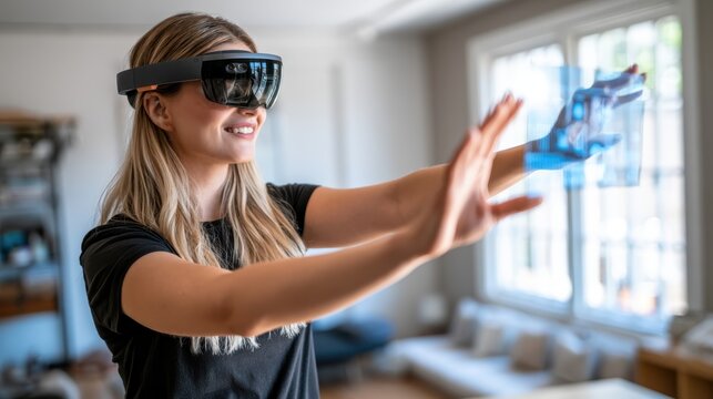 Woman using augmented reality smart glasses and interactive holographic interface