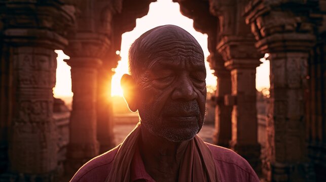 Elderly man with a deeply lined face standing motionless at the center of an ancient stone temple