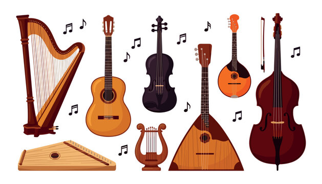 Classical and folk string instruments vector collection including guitar violin harp double bass and mandolin isolated on white background