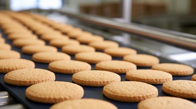 Golden biscuits moving along factory conveyor belt