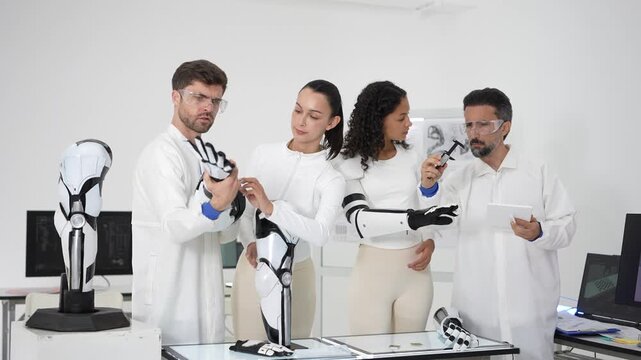 Engineers test a black robotic glove and a humanoid leg model while a volunteer shows her bionic exoskeleton arm to the lab team