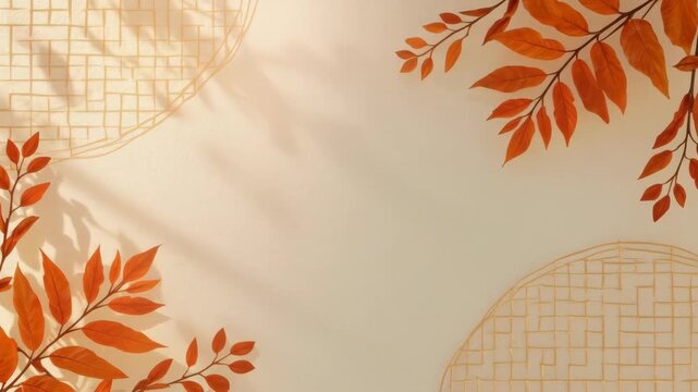 Autumn Leaf Branch Border With Soft Shadow On Cream Geometric Background