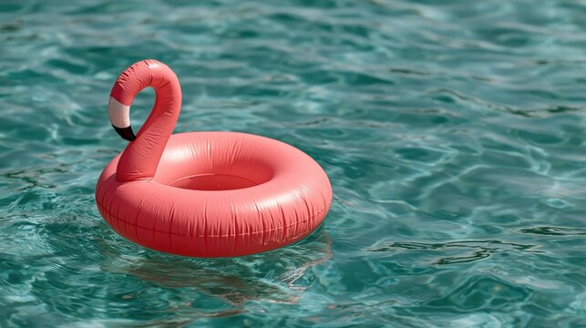 Pink flamingo pool floatie drifting in clear blue