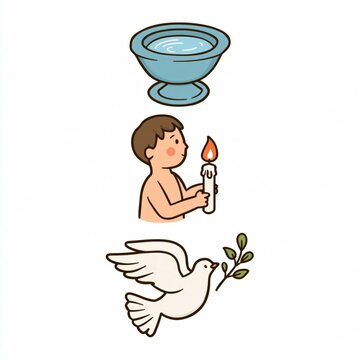 vertical stack of three small cartoon vignettes: a baptismal font, a child with a lit candle, a white dove carrying an olive branch, arranged top to bottom with white space between them, flat vector