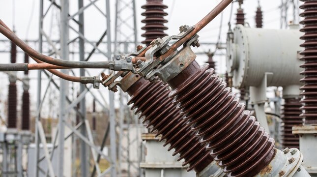 High voltage electrical substation equipment with ceramic insulators.