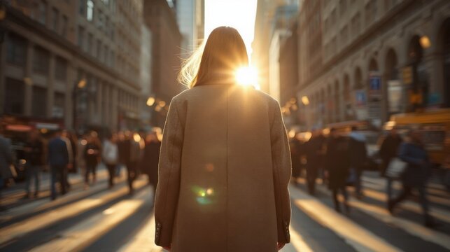 Vista trasera de una mujer elegante con un abrigo vaporoso caminando con confianza por una avenida urbana muy transitada durante la hora dorada