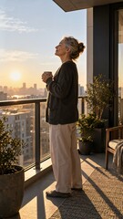 Fototapeta premium Vertical photo of mature woman holding mug on balcony during sunrise. Morning light exposure for circadian rhythm reset and wellbeing