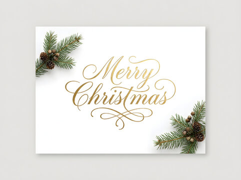 Elegant merry christmas greeting card with gold calligraphy lettering and natural pine branches on white background