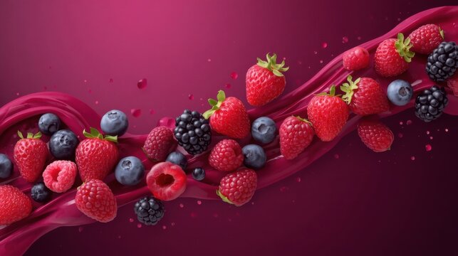 Selecci&oacute;n de frutos del bosque de primera calidad sobre un fondo con degradado de color magenta intenso a p&uacute;rpura, con ondas de pur&eacute; de frutos rojos