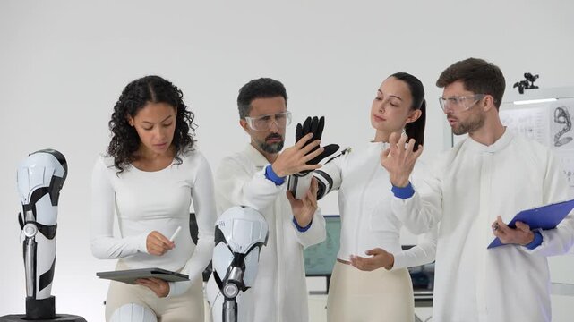 Four robotics scientists in white lab uniforms collaborate on a bionic arm prototype with tablet and clipboard beside humanoid leg models