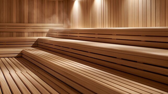 Empty wooden sauna interior with tiered benches and