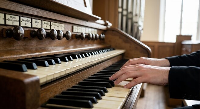 Hands playing church pipe organ keyboard. Musician performing music on vintage wooden organ console with drawknobs