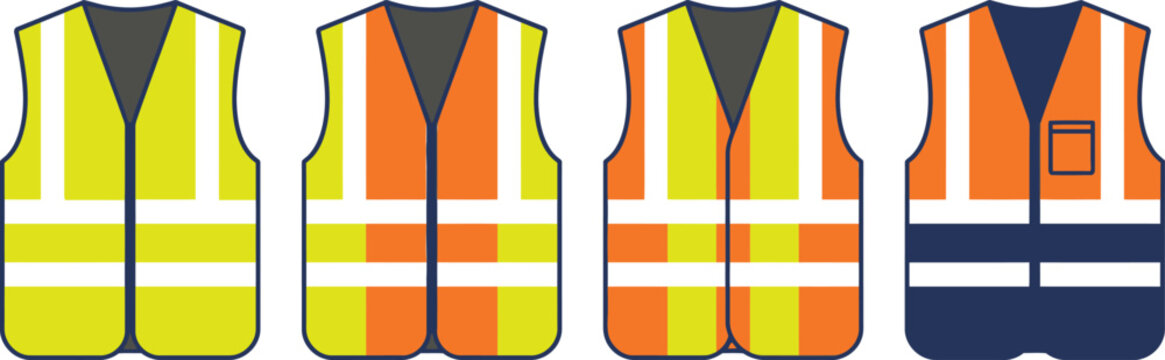 Collection of reflective high visibility safety vests for construction and industrial work with safety vest protective clothing workwear
