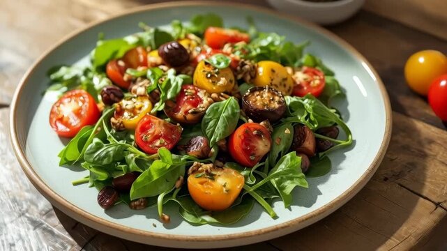 Roasted Vegetable Salad with Tomato, Olive, Basil, Spinach and Arugula Fresh Ingredients