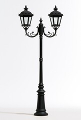 Fototapeta premium Ornate black double street lamp isolated on white