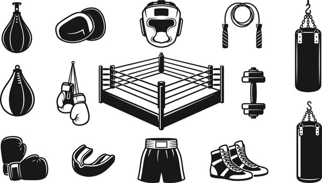 Boxing ring and training equipment vector icons collection featuring gloves punching bags helmet and athletic gear