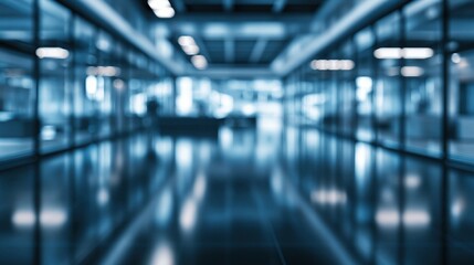 Plakat Empty modern office hallway with blue lighting and
