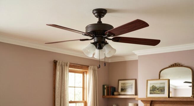 Dark wood ceiling fan with lights turned off in residential room. Classic five blade fixture on white ceiling indoors