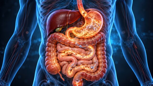 Human digestive system anatomy featuring luminous stomach and intestines for medical education and research visuals.