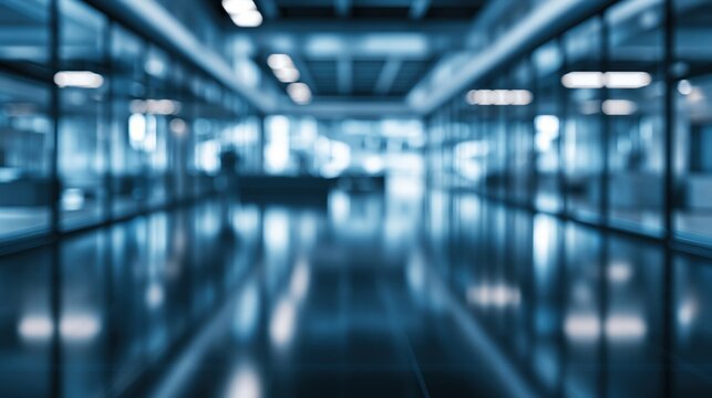 Empty modern office hallway with blue lighting and