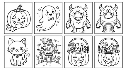 Fototapeta premium Halloween Coloring Pages Collection with Pumpkins Ghosts Monsters and Cats