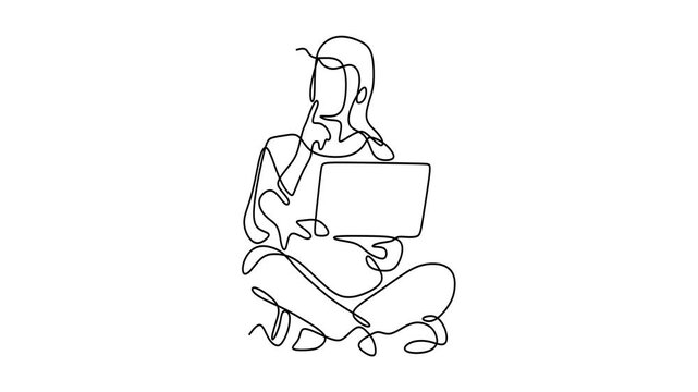 Continuous line animation of girl sitting in lotus pose with laptop on lap and thoughtful look, freelance and remote work concept