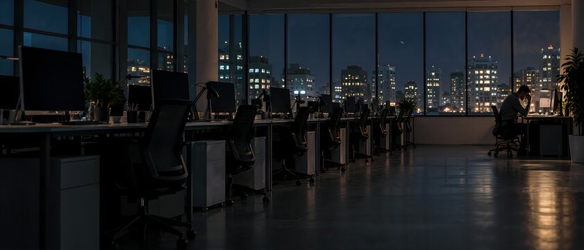 Exhausted employee working late in a dark empty office. Man holding head at desk overlooking city lights. Overtime stress and corporate burnout concept