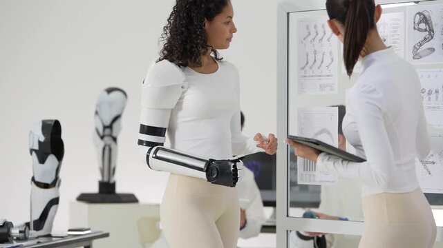 Young woman tests the range of motion of her bionic exoskeleton arm while a colleague records results on a tablet in front of blueprints
