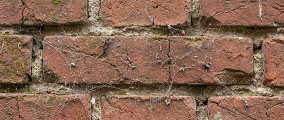Obraz premium Cobwebs on old red brick wall texture. Vintage weathered masonry background with spiderwebs. Spooky Halloween concept