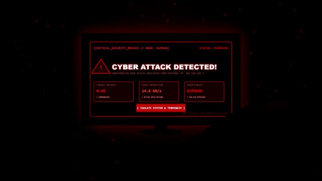 Cyber Attack Alert on Computer Monitor Screen with Critical Data Breach Warning